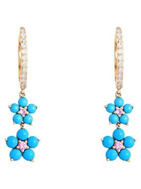 Blooming Turquoise 14K (or 18k upon request) Yellow Gold Floral Drop Earrings